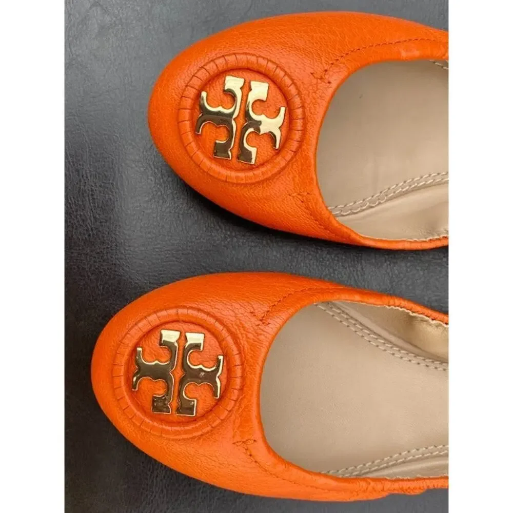 Tory Burch Minnie Travel Ballet Leather Casual Orange Women's US 5 Slip-Ons